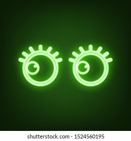 Cartoon eyes with eyelashes. Looking to the left. Green neon icon in the dark. Blurred lightening. Illustration.