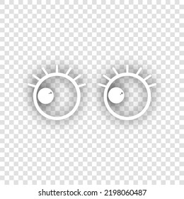 Cartoon eyes with eyelashes. Looking to the left. White Icon with dropped natural gray Shadow at transparent Background. Illustration.