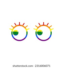 Cartoon eyes with eyelashes. Looking to the left. Rainbow gay LGBT rights colored Icon at white Background. Illustration.