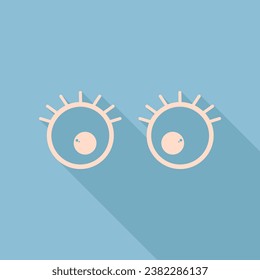 Cartoon eyes with eyelashes. Unbleached silk Icon with very long shadow at dark sky blue background. Illustration.