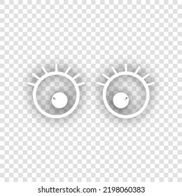 Cartoon eyes with eyelashes. White Icon with dropped natural gray Shadow at transparent Background. Illustration.