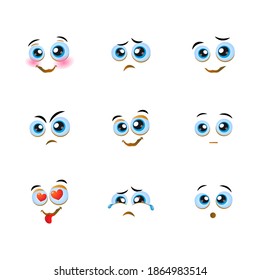 Cartoon eyes with face expressions and emotions. Cute smiles icons for emoticons. Vector emoji elements smiling, happy, sad, angry, mad, stupid, shocked, comic, upset, silly, scared, sneaky, surprised