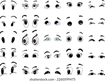 Cartoon eyes. Human eye, angry and happy facial eyes expressions. Comic facial character caricature, human eye emotions doodle. Isolated vector illustration icons set