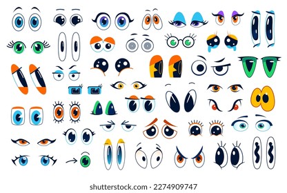 Ojos de dibujos aislados conjunto de vectores. Los ojos redondos y cuadrados de estilo cómico expresan emociones enojadas, amables, sorprendidas, sospechosas, amorosas, débiles o aburridas. Colección de búsqueda divertida para la creación de personajes y personajes