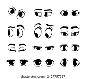 Cartoon eyes line icons set. Cartoon character expressions. Vector isolated element. Editable stroke.