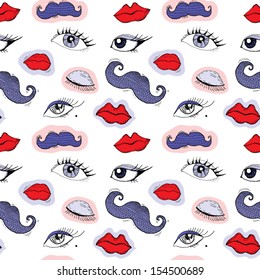 Cartoon Eyes, Lips And Mustache Seamless Pattern