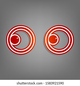 Cartoon eyes. Looking to the left. Flat red icon with linear white icon with gray shadow at grayish background. Illustration.