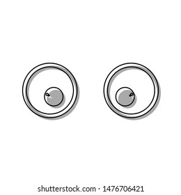 Cartoon eyes. Looking ot center. Black line icon with gray shifted flat filled icon on white background. Illustration.