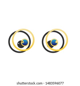 Cartoon eyes. Looking ot center. Blue icon with gold contour with dark gray shadow at white background. Illustration.