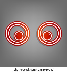 Cartoon eyes. Looking ot center. Flat red icon with linear white icon with gray shadow at grayish background. Illustration.