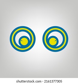 Cartoon eyes. Looking ot center. Icon in colors of Ukraine flag (yellow, blue) at gray Background. Illustration.