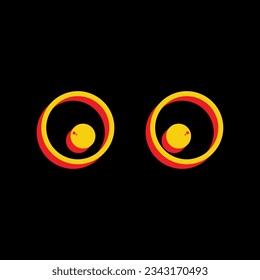 Cartoon eyes. Looking ot center. 3D Extruded Yellow Icon with Red Sides a Black background. Illustration.