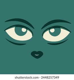 Cartoon eyes on green background cute female expression, vector flat