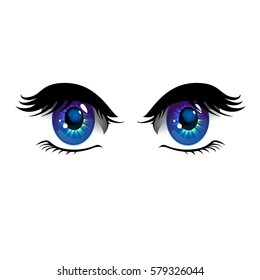 Cartoon eyes on white background. Anime style eyes with long eyelashes. Vector Illustration