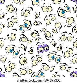 Cartoon eyes seamless pattern background with happy and angry, funny and scared, smile and mad, surprise and eerie emotions
