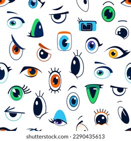 Cartoon eyes seamless pattern with cute comic eye emojis. Emotion expression emoticon characters vector background of angry, sad, happy and funny eyeballs with eyelashes and eyebrows, comic backdrop