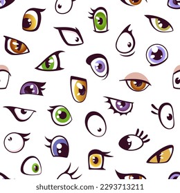 Los ojos de caricatura muestran un patrón impecable de personajes vectores de emojis lindos con diferentes expresiones emocionales. Antecedentes cómicos de ojos felices, divertidos, locos, tristes y furiosos con pestañas y cejas