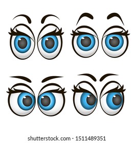 Cartoon eyes. Set of expressive eyes. Happy and angry eyes. Funny, emotional and funny eyes. Set of vector icons.