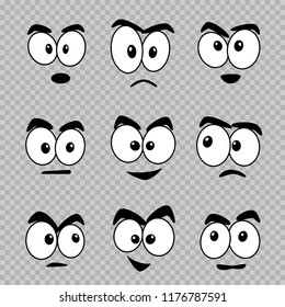 Cartoon eyes set on transparent background. Comics faces design collection. Put template emotion on objects and make them alive