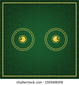 Cartoon eyes sign. Golden icon with gold contour at dark green gridded white background. Illustration.