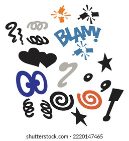 cartoon eyes, star, heart, spring stickers or background design vector illustration