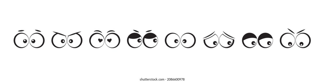 Cartoon eyes vector icon, different emotions set. Funny expression collection, cute characters isolated on white background. Face illustration