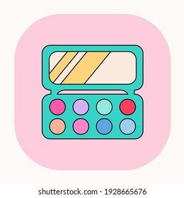 Cartoon eyeshadow palette icon. Fancy eye shadows powder symbol. Cute doodle eye shadow palette with glass illustration. Woman's beauty cosmetic products. Korean cosmetics on pink background. Vector.