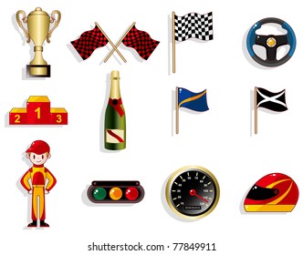 cartoon f1 car racing icon set