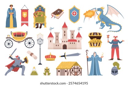 Cartoon fabulous characters and elements. Medieval fairy tales carriage, castle, knight and magician, ancient period objects, vector set