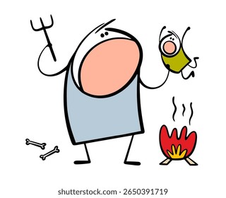 Cartoon fabulous story about a huge ogre. Vector illustration of a scary monster holding a child and getting ready for dinner. A man eats people.