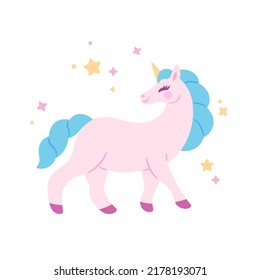 Cartoon fabulous unicorn character.  Stylized vector element for prints, clothing, pattern, packaging and postcards.