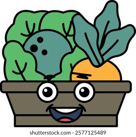 A cartoon face with a basket of vegetables in it