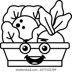 A cartoon face with a basket of vegetables in it
