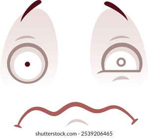 Cartoon face with big eyes shows disgust and skepticism, with a wavy mouth and raised eyebrows on a white background, perfect for conveying emotions like dislike and fear