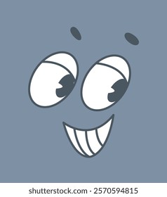 Cartoon face with big eyes and a wide smile, set against a plain gray background. Fun and playful concept. Vector illustration