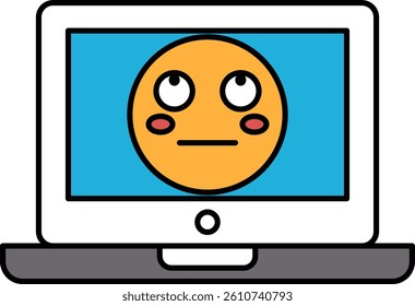A cartoon face with a big smile on it. The face is on a laptop screen. Scene is happy and cheerful