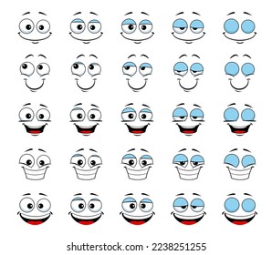 Cartoon face and blink eye animation. Vector sprite sheet with human personage smiling expression, animated sequence frame of blinking eyeballs and smile toothy mouth steps. Friendly wink emoticon svg