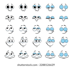 Cartoon face and blink eye animation emoji faces spread sheet, vector giggle smile emoticons. Funny comic emoji eyes animated spreadsheet of cute smiling or kawaii happy emoji characters