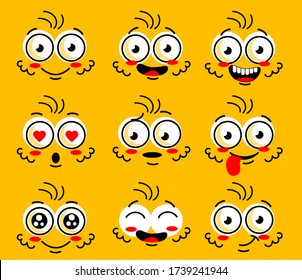 Cartoon Face Character. Funny Face Parts With Expressions Emotion Eye. Comic Doodle Smile Face, Angry, Sad, Cute Eye. Cartoon Faces Expressions Set Isolated On Yellow Background.