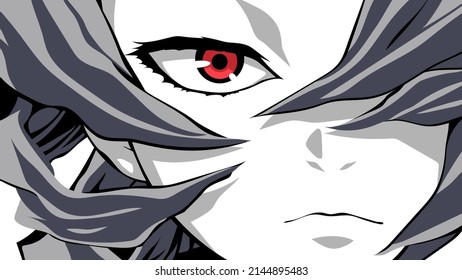 Cartoon face close-up with red eyes. Vector illustration for anime, manga in japanese style