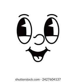 Cartoon face, comic groovie emotion character with big eyes and mouth, vector emoticon. Funny groovy face emoji with happy smiling mouth or pleased and silly expression in retro cartoon animation