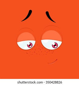 Cartoon face with a confused expression on red background.