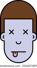 Cartoon face with crossed eyes and tongue out, simplistic digital illustration symbolizing cadaver, intoxication, death, or poisoning