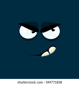 Cartoon face with a cunning expression on a dark blue background.