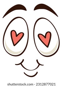 Cartoon face. Cute character with heart in eyes, smile on lips, mascot emotion, funny emotional emoji, romantic emoticon, creator for retro logos and branding. Vector isolated illustration