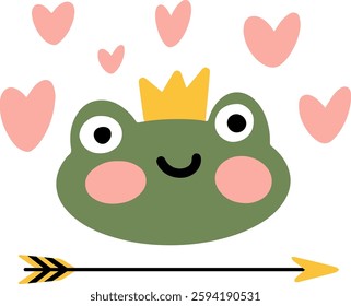 Cartoon face of cute frog prince. Vector clip art set: toad head icon, crown, arrow, hearts. Color image of smiling animal. Funny drawn avatar. Magic character symbol for cool prints of baby products.