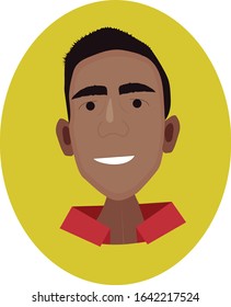 
cartoon face of dark color with a short haircut in a red T-shirt on a yellow background