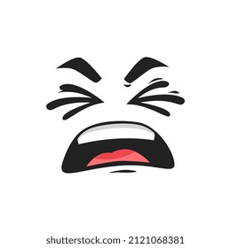 Cartoon face, disgust or sneezing vector emotion with closed eyes and open mouth. Sour taste, aversion facial expression, funny emoji. Naughty or disgusting emoji