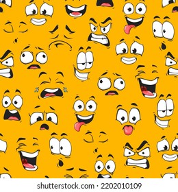 Cartoon face and emoji characters vector seamless pattern. Emoticons with different facial expressions and emotions background of comic faces with happy, cute and sad smiles, angry eyes and cry