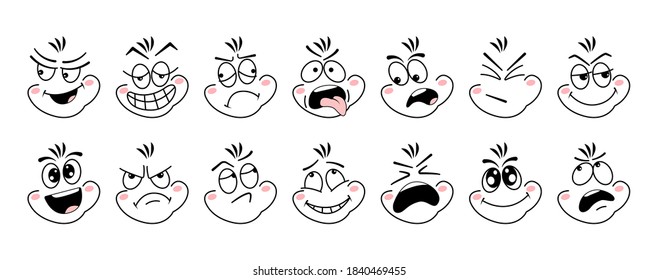 Cartoon face emoji eye. Expressive emotion eyes and mouth, smiling, crying and surprised character face. Emotions of joy, surprise, doubt, gloom, sarcasm, cunning, resentment, embarrassment vector